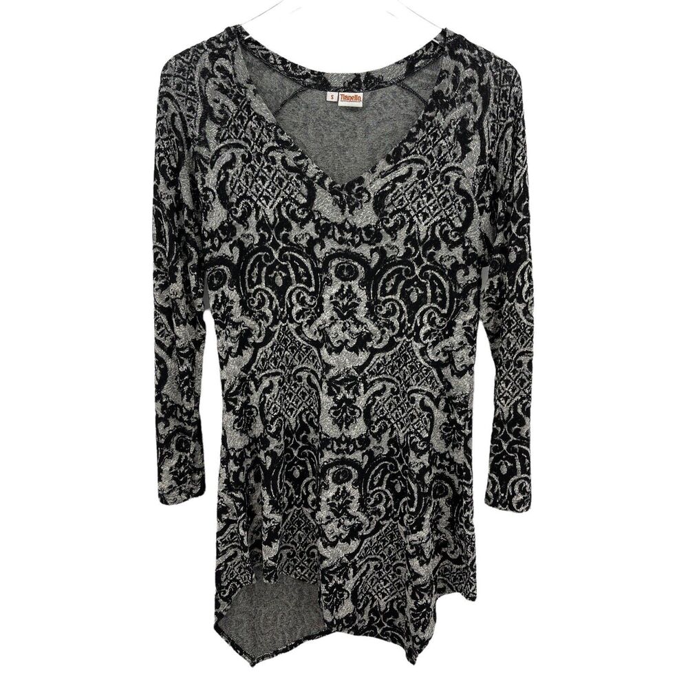 Tianello Size Small Oriana Black Gray Long Sleeve Knit Tunic Handkerchief Hem